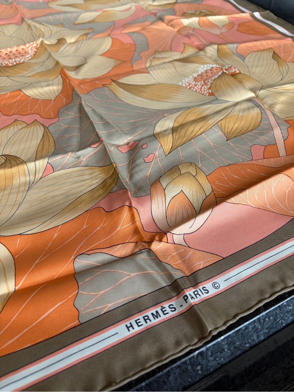 Hermes Floral Silk Scarf in Orange, Pink and Gold